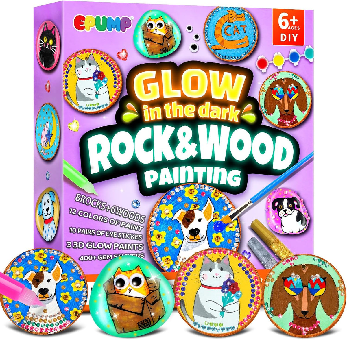 EPUMP Glow in the Dark Wooden Painting Kit for Kids - Wooden & Rock Painting Kit