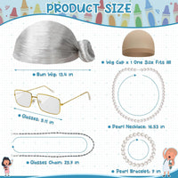 Huskein Old Lady Costume, Old Lady Cosplay Silver Bun Wig Glasses Wig Cap Pearl Necklace Bracelet - Silver-bun - image 2