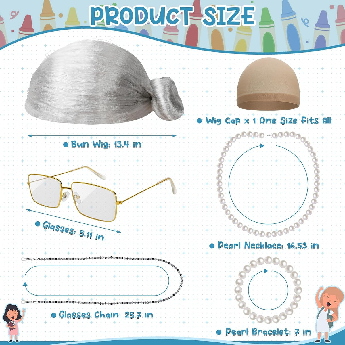 Huskein Old Lady Costume, Old Lady Cosplay Silver Bun Wig Glasses Wig Cap Pearl Necklace Bracelet - Silver-bun - image 2
