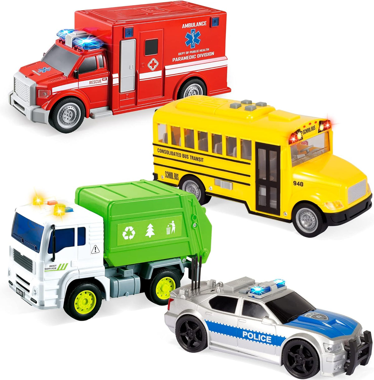 JOYIN 4 Packs Emergency Vehicle Toy Playsets - City Vehicle Toy Set