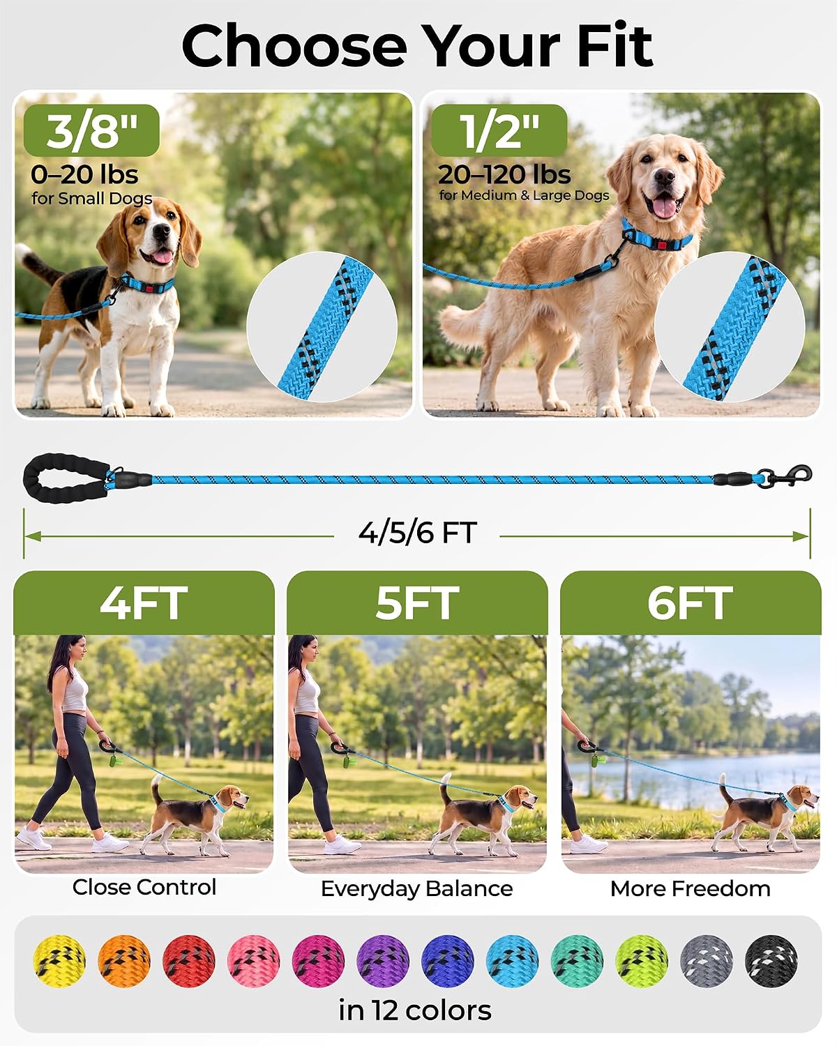 Taglory Rope Dog Leash for Medium Large Dogs - 3/8" x 6 FT (0~20 lbs.) / Blue - image 3