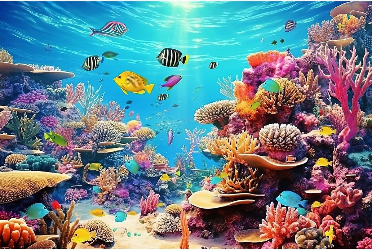 Underwater Aquarium Background Coral Reef Tropical Fish Terrarium - 30(W)x12(H)in / Tropical Yellow