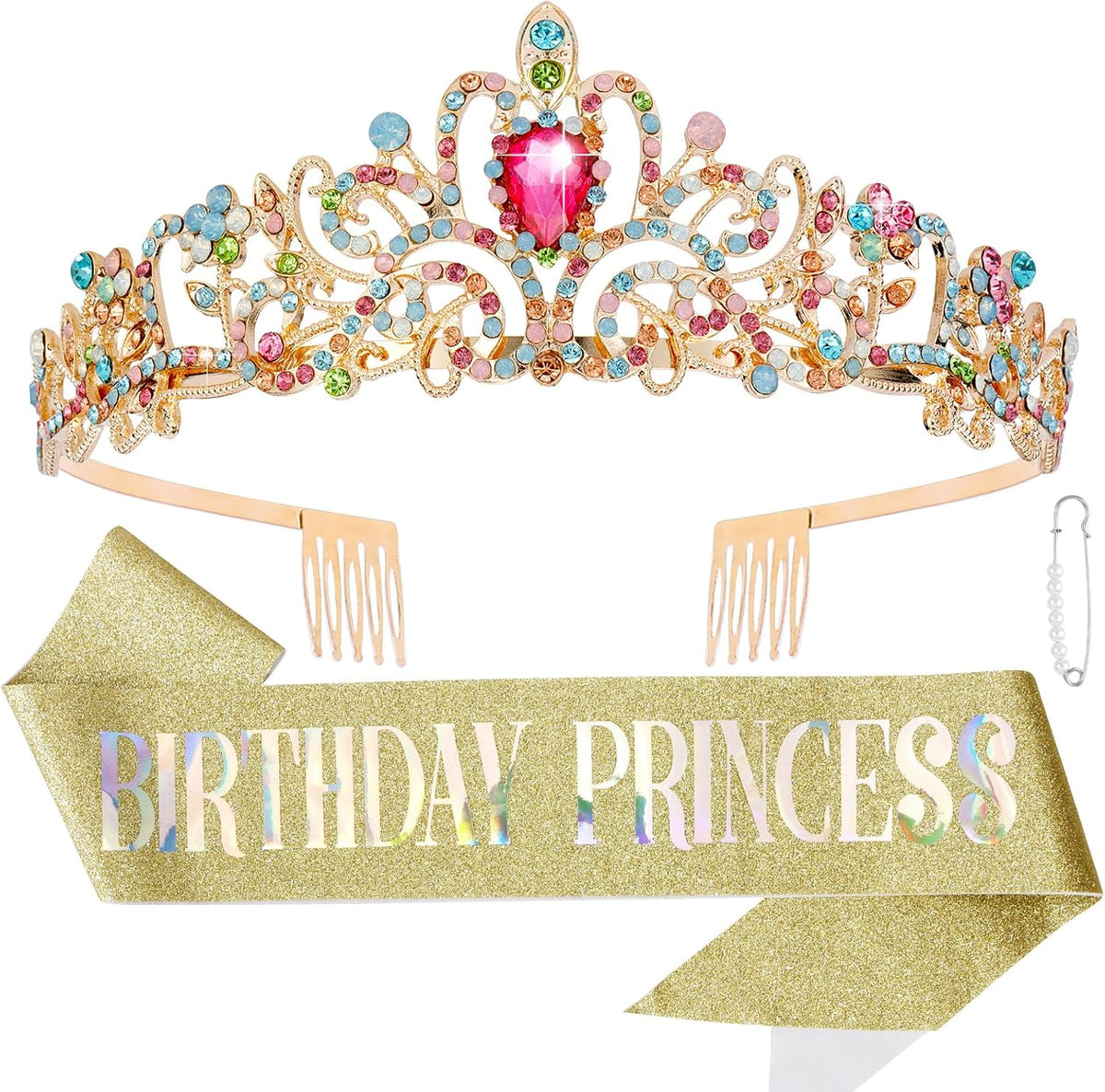 CIEHER Princess Crown and Birthday Sash Set - Multi-colored