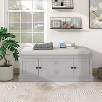 Storage Bench with 4 Doors and Adjustable Shelves, Shoe Bench with Removable Cushion for Living Room, Entryway 42.7" L x 16" W x 17.4" H (Gray Wash)