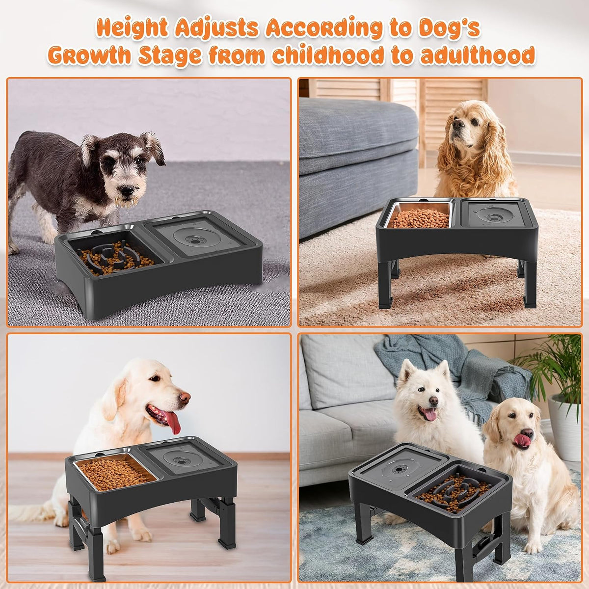 3-in-1 Elevated Dog Bowls with 4 Height Adjustable Raised Stand – Essentials for Dogs - Black / 3-in-1 Dog Bowls Set - image 4