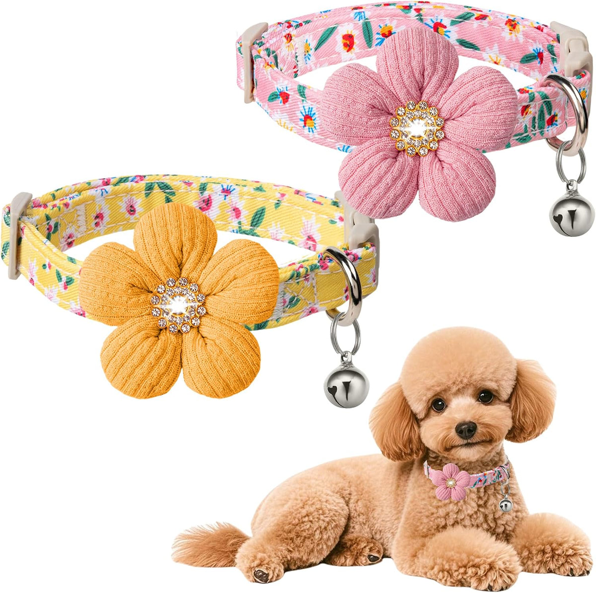 Medium Dog Collar with Flower - Pink + Yellow / S : for Small and Medium Dogs