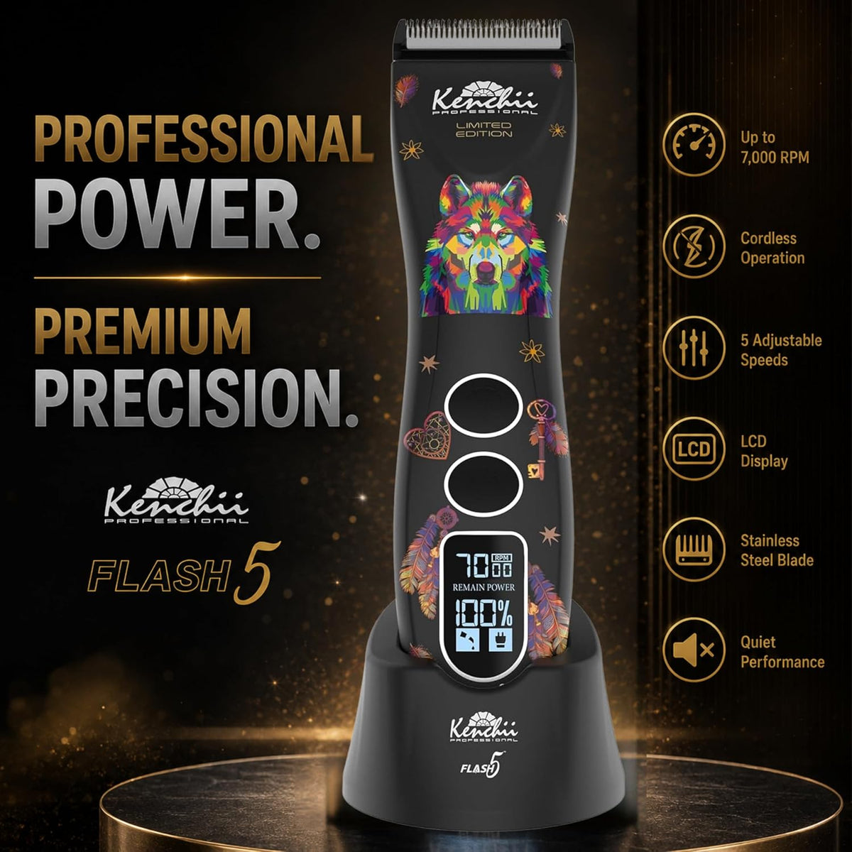 Kenchii Flash 5 Dog Grooming Clipper, Wolf Edition Black - Black - image 2