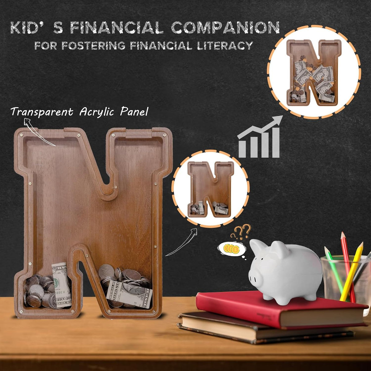JOOMLAFLY Wooden Letter Piggy Bank for Kids 9"Clear Coin Bank - N / Initial-12" - image 3
