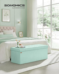 SONGMICS MAZIE Collection - Storage Ottoman Bench, Foldable Foot Rest, 15 x 43 x 15 Inches, End of Bed Bench, Storage Chest, Load 660 lb, Living Room, Bedroom, Entryway, Moonlight Green ULSF604C01