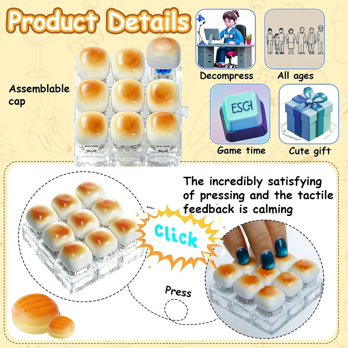 XiawaLangzhuo cat paw keyboard fidget toy, 9-in-1 clicker keychain in white and purple - view 36