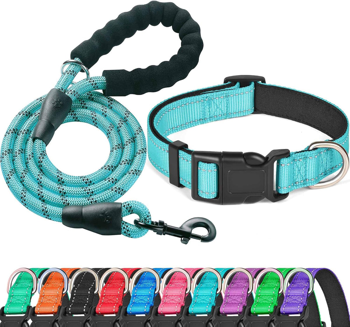 Ladoogo Reflective Dog Collar Padded with Soft Neoprene - Turquoise / Medium