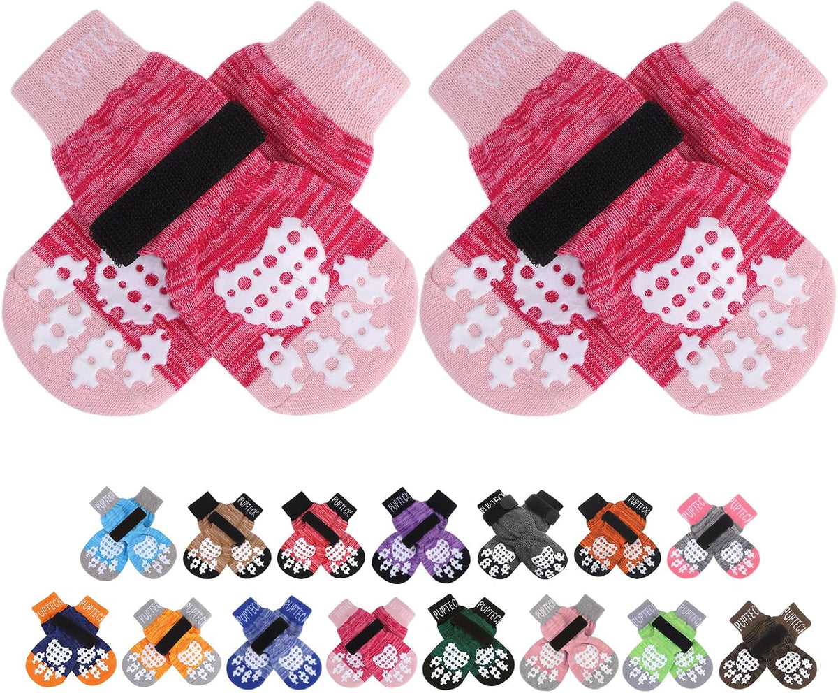 PUPTECK Anti-Slip Dog Socks with Double Sides Grips for Small Medium - Fuschia / X-Small (4 Count)