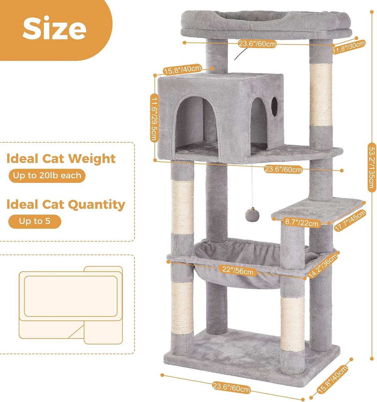 Cat Tree 32” Small Cat Tower with Large Hammock 16”& Self Groomer – Essentials for Cats - XLarge-53" / Gray - image 2