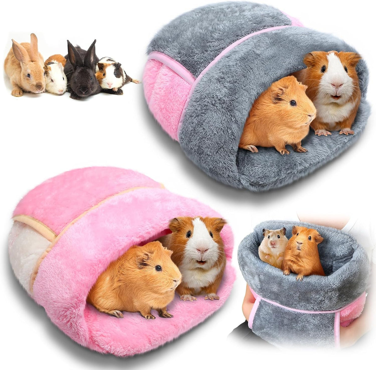 2 Pcs Guinea Pig Fleece Hideouts, Blue, Khaki, Star – Daily Care for Small Pets - Gray, Pink / Solid