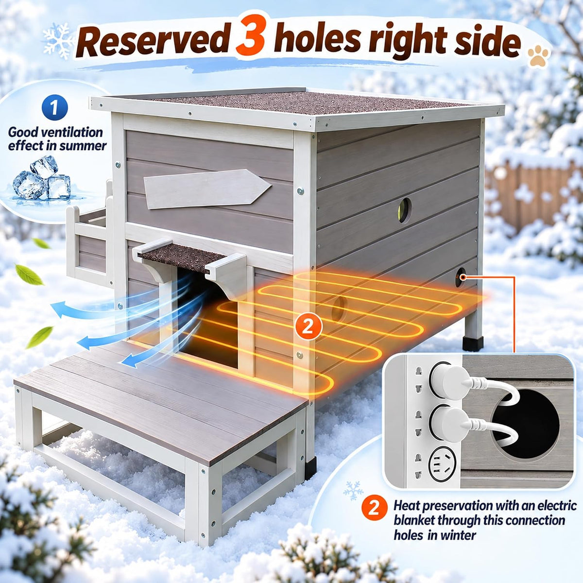 Large Outdoor Cat House with Soft Mat, Wooden Feral Cat Shelter – Essentials for Cats - Grey-with Heated Pad - image 3