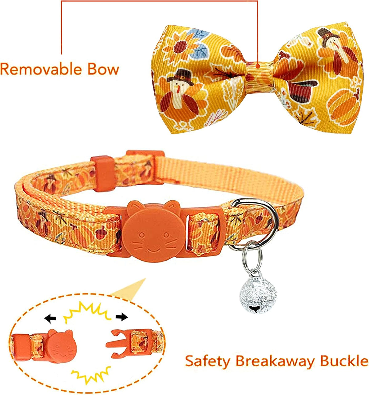 2 Pack Halloween Cat Collars with Bells, Breakaway - Thanksgiving Turkey - image 2