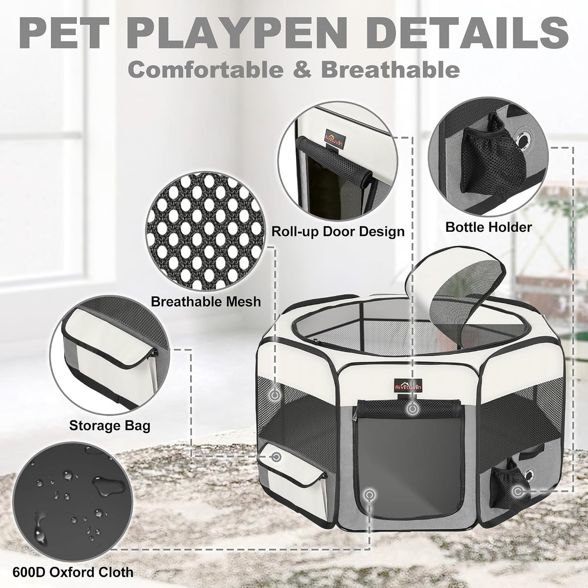 Aivituvin Dog Playpen, Foldable Pet Play Pens with Carrying Bag for Cat, Puppies, Rabbits, Portable - XL / Grey - image 2