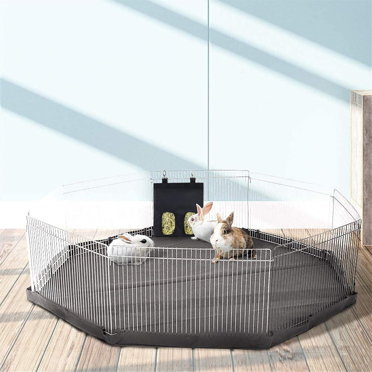 Rabbit Hay Feeder Bag Hanging Hay Rack – Essentials for Small Pets - 2 Windows / Pattern Black - image 2