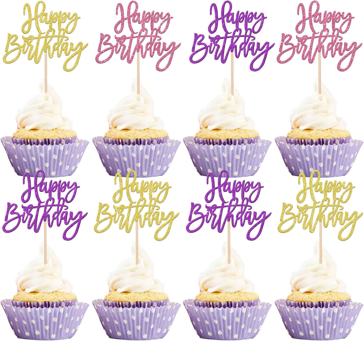 24 PCS Happy Birthday Cupcake Toppers Glitter Picks for Celebrating - Gold Purple Pink