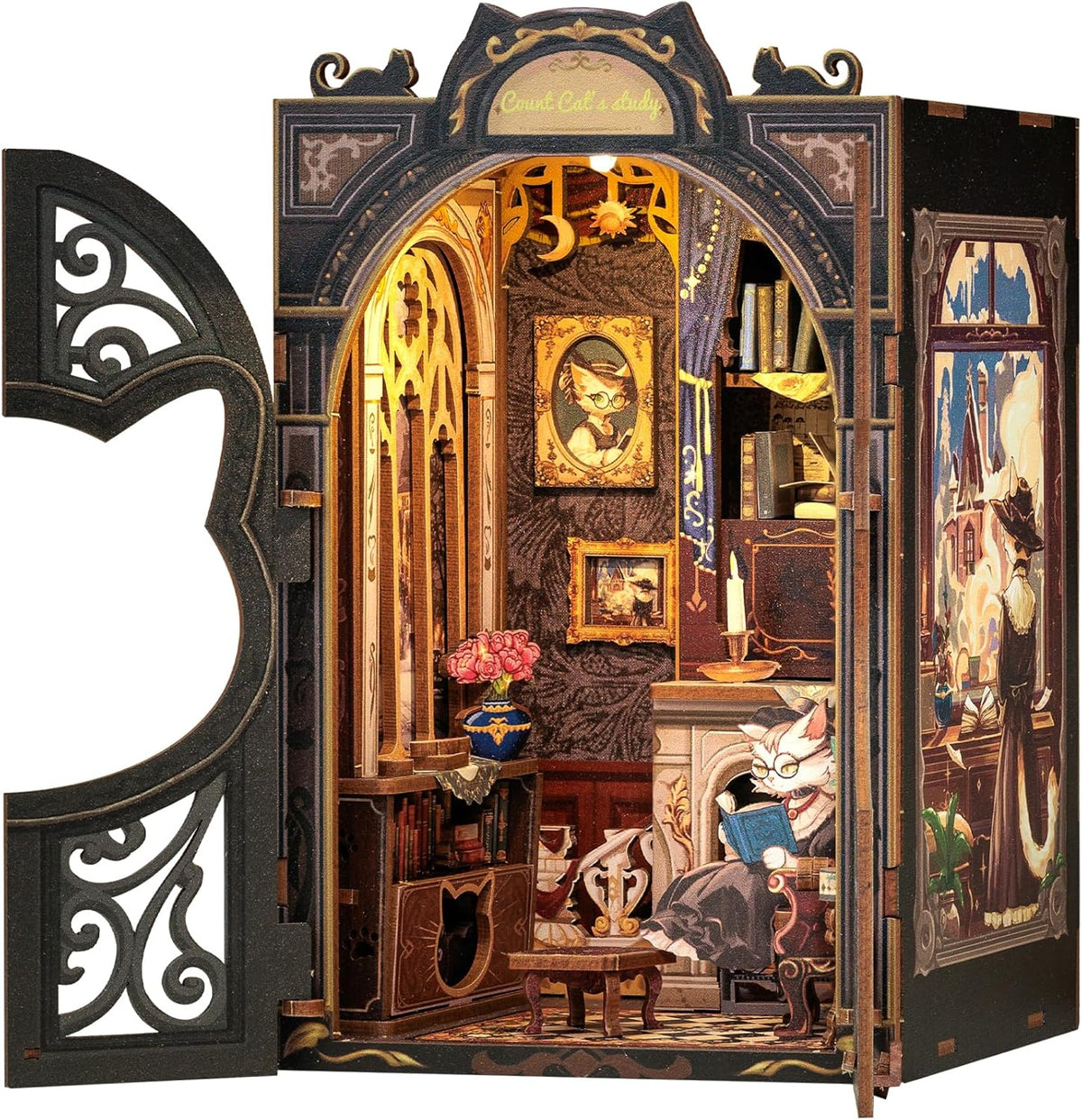 Owl Bookstore Book Nook Kit, 3D Wooden Puzzles with LED - Count Cat's Study