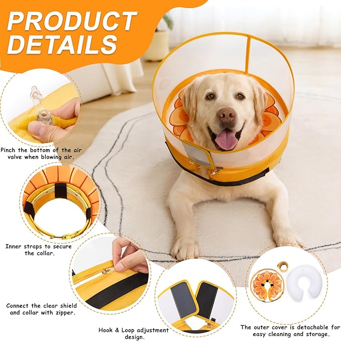 Inflatable Dog Cone Collar with Enhanced Anti-Licking, Soft Neck Donut for Dogs Cats, Recovery Pet Cone Collar After Surgery for Large Medium Small Dogs (Yellow Flower, Medium+)
