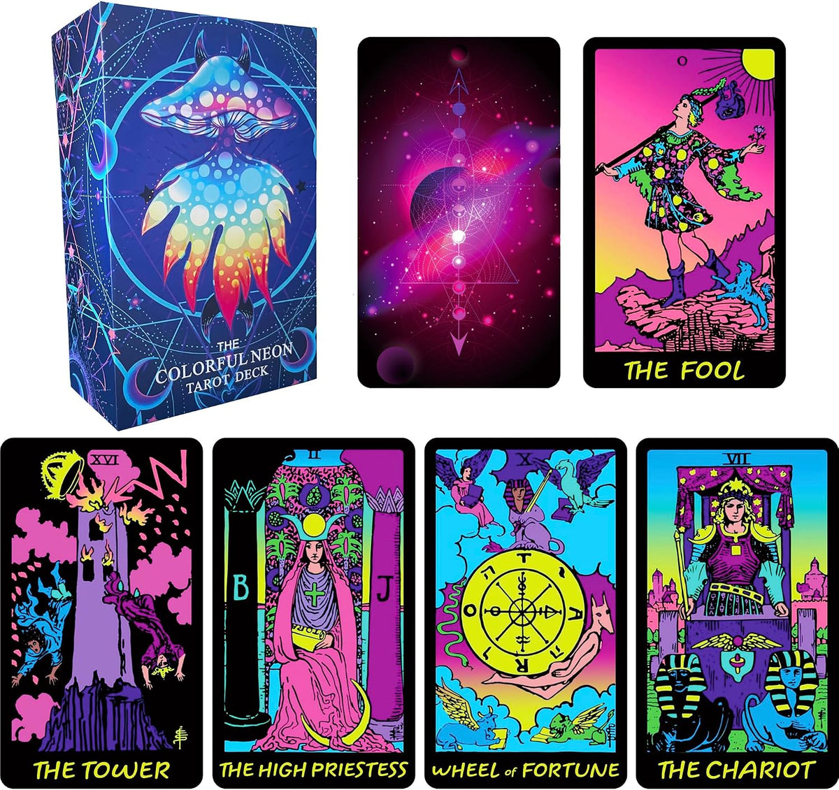 Jrskvaro colorful neon tarot cards deck with 78 cards and beginner guidebook