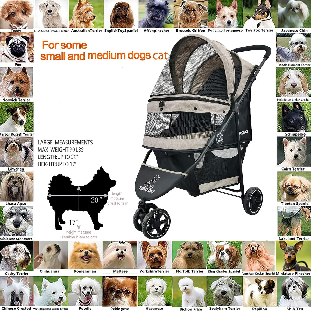 ROODO 3 Wheel Dog Pet Cat Stroller Best Lightweight Foldable Compact - Light khaki - image 3