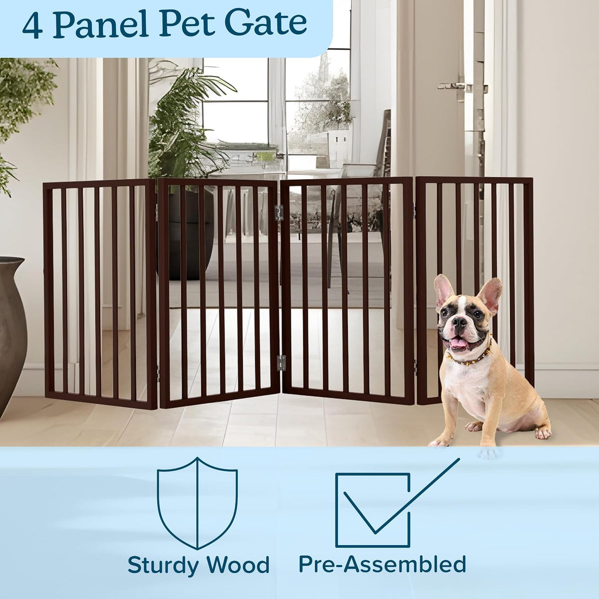 Pet Gate, 4-Panel Indoor Foldable Dog Fence for Stairs, Hallways - Brown / 4 Panel - image 4