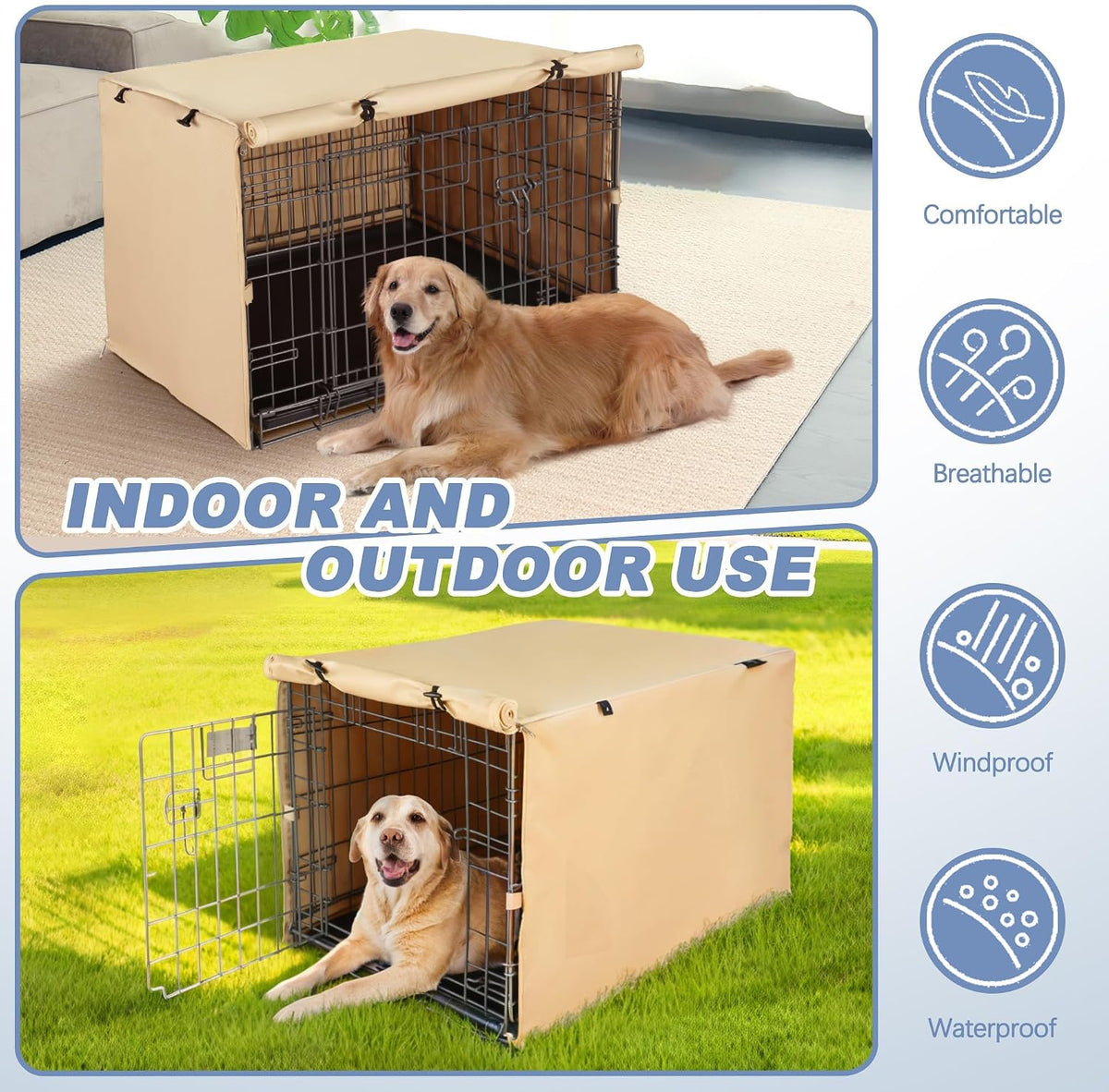 Akinerri Dog Crate Cover, Double Door Waterproof Kennel Cover - 24.0"L x 18.0"W x 19.3"H / Beige - image 3