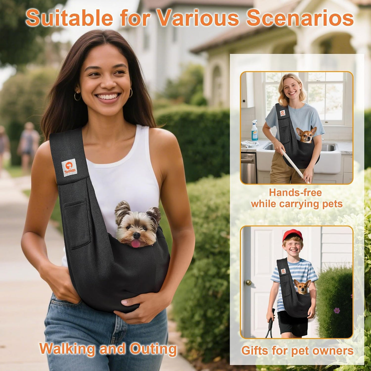 Tomkas Small Dog Sling Carrier, Classic Pocket & Classic Strap - Black / M - Classic Pocket & Classic Strap - image 2