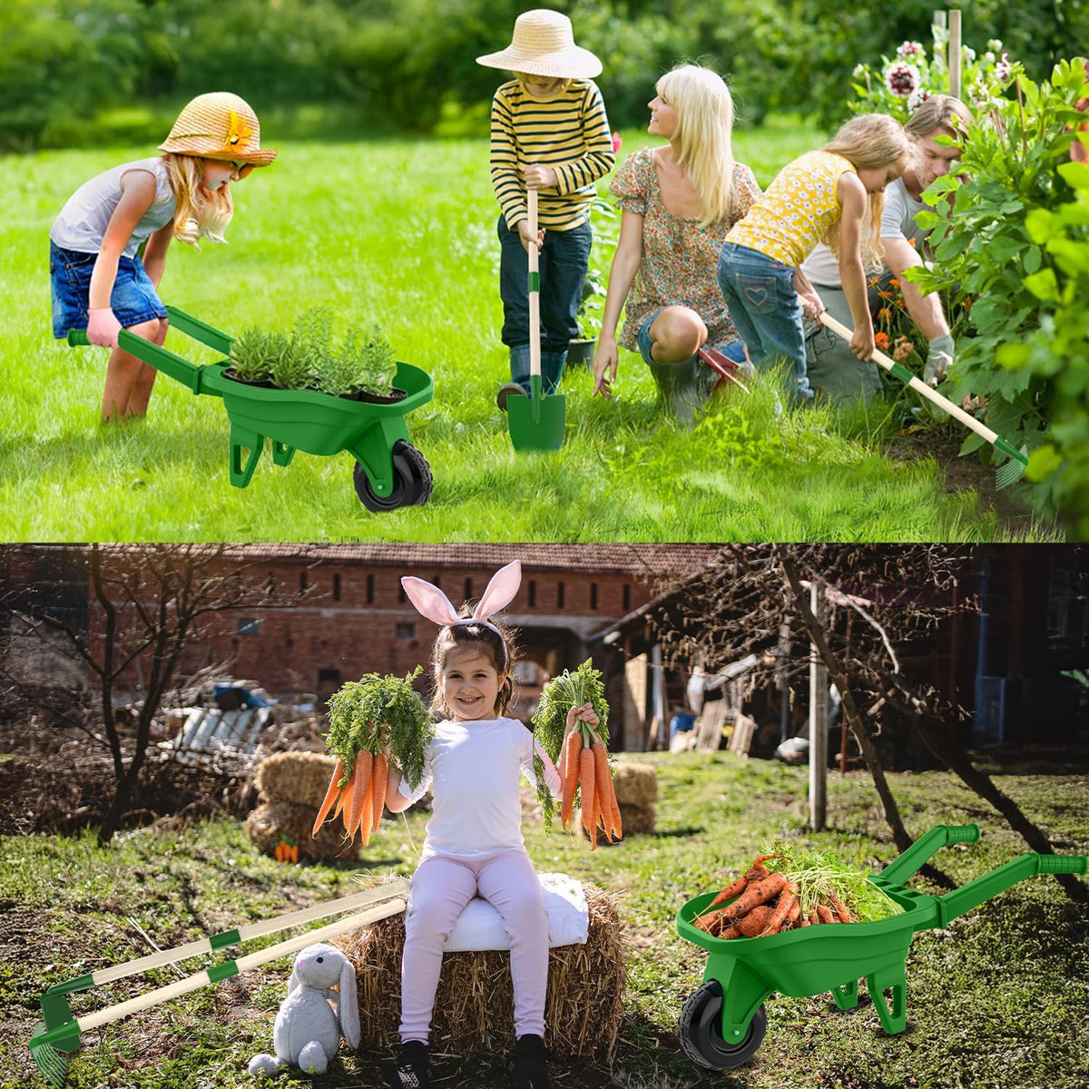 Qtioucp Kids Gardening Set with Wheelbarrow - Green2 - image 3