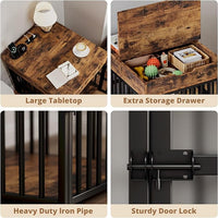 IRONCK Dog Crate Furniture for Small Dogs, Wooden Dog Kennel with Flip Top Drawer, Indoor Pet Crate End Table with Charging Station, Steel-Tube Dog Cage, Rustic Brown