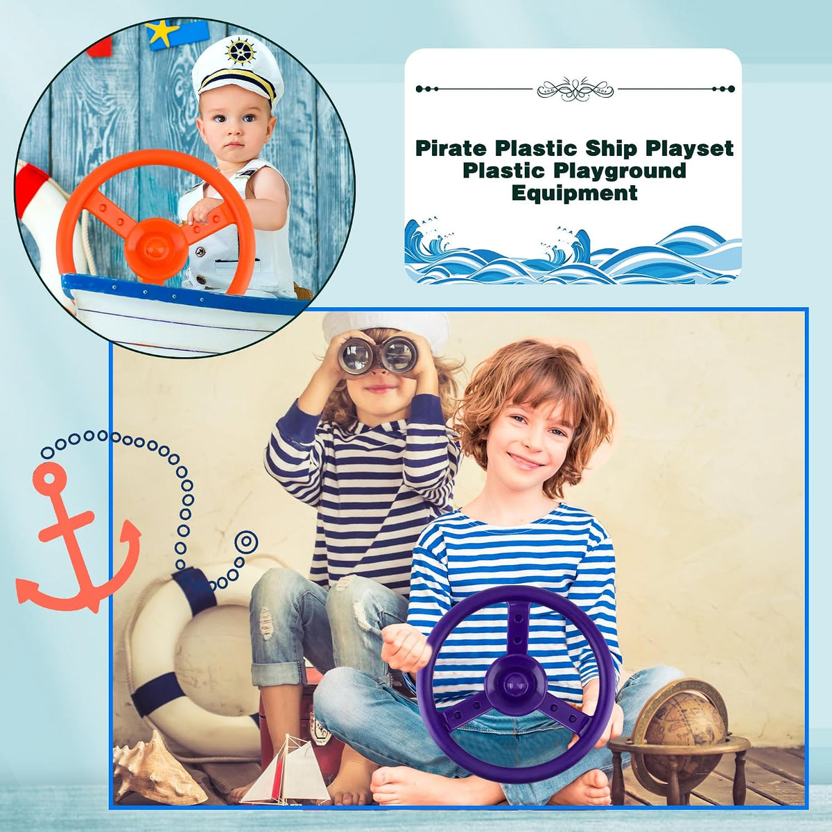 Haconba plastic pirate ship steering wheels for playsets in blue and red with mounting hardware - view 29