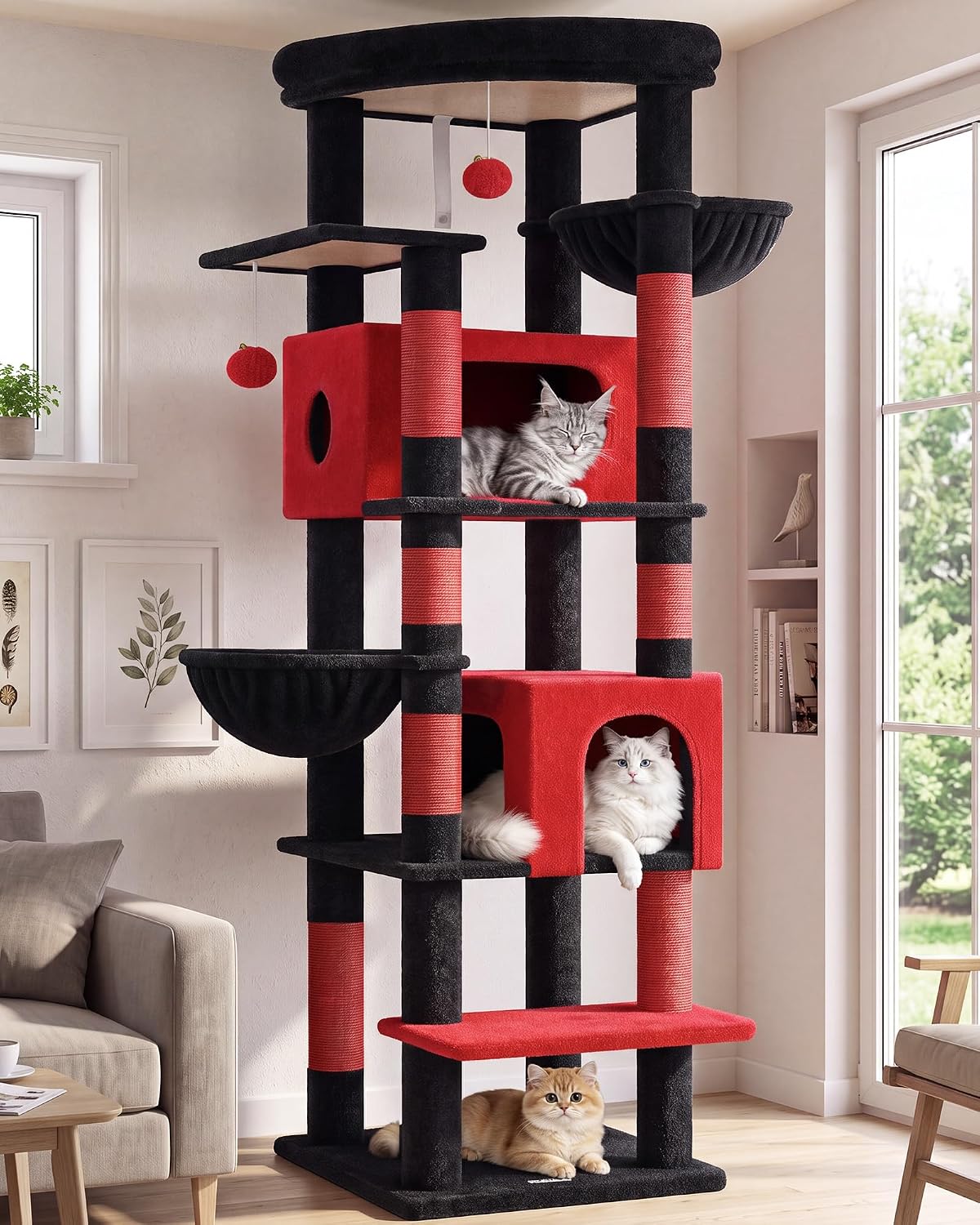 Globlazer 74in Heavy Duty Cat Tree Tower for Indoor Cats Large Adult - Red Black / 74inch