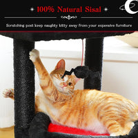 PEQULTI Cat Tree Gothic Cat Tower for Indoor Cats with Private Cozy Cat Condo, Natural Sisal Scratching Posts and Plush Pom-pom for Small Cats Black