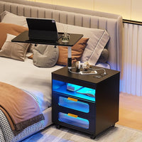 HNEBC Nightstand with Wireless Charging Station, LED Nightstand Has Adjustable Rotary Workstation,Smart Night Stand with 2 Drawers,Modern Bedside Table for Bedroom, Sensor Light/Wheel (Black)