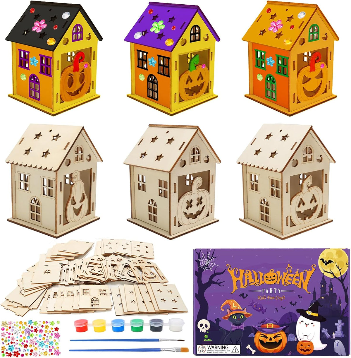 Fennoral 7 pack wooden 3D pumpkin house craft kit for kids Halloween decorating - view 2