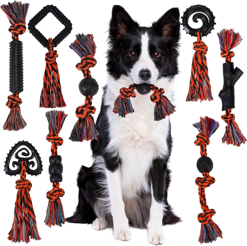BINGPET 8 Pack Halloween Dog Cotton Rope & Rubber Chew Toys – Essentials for Dogs - Halloween Black