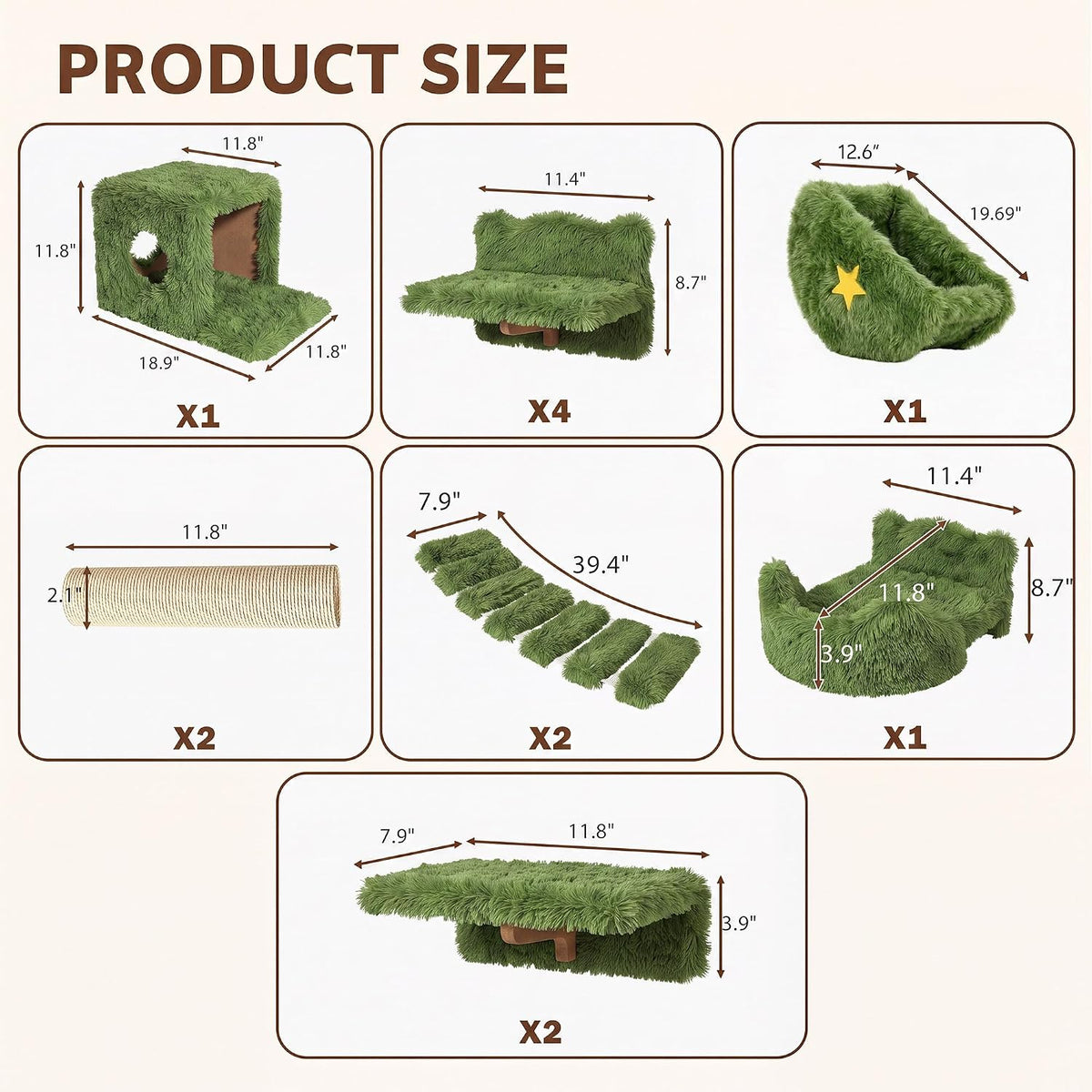 Cat Wall Shelves, 9-in-1 Wood Cat Wall Furniture Set, Burlywood – Essentials for Cats - Green / 13 Piece Set - image 2