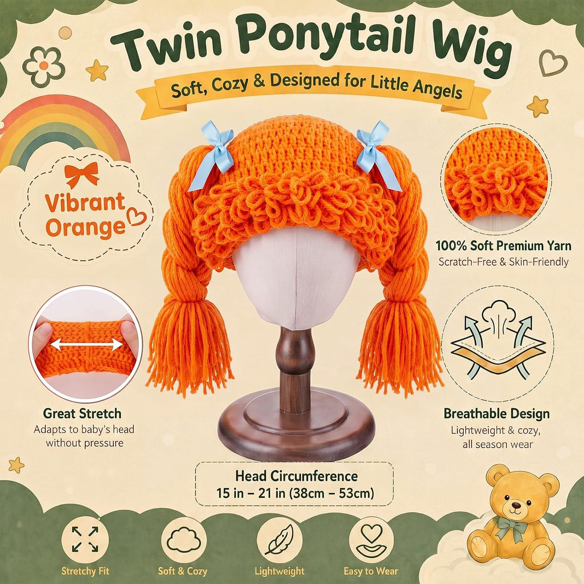 Halloween Cabbage Costume Yarn Wig - Orange 4 / Long Braided Pigtails - image 3