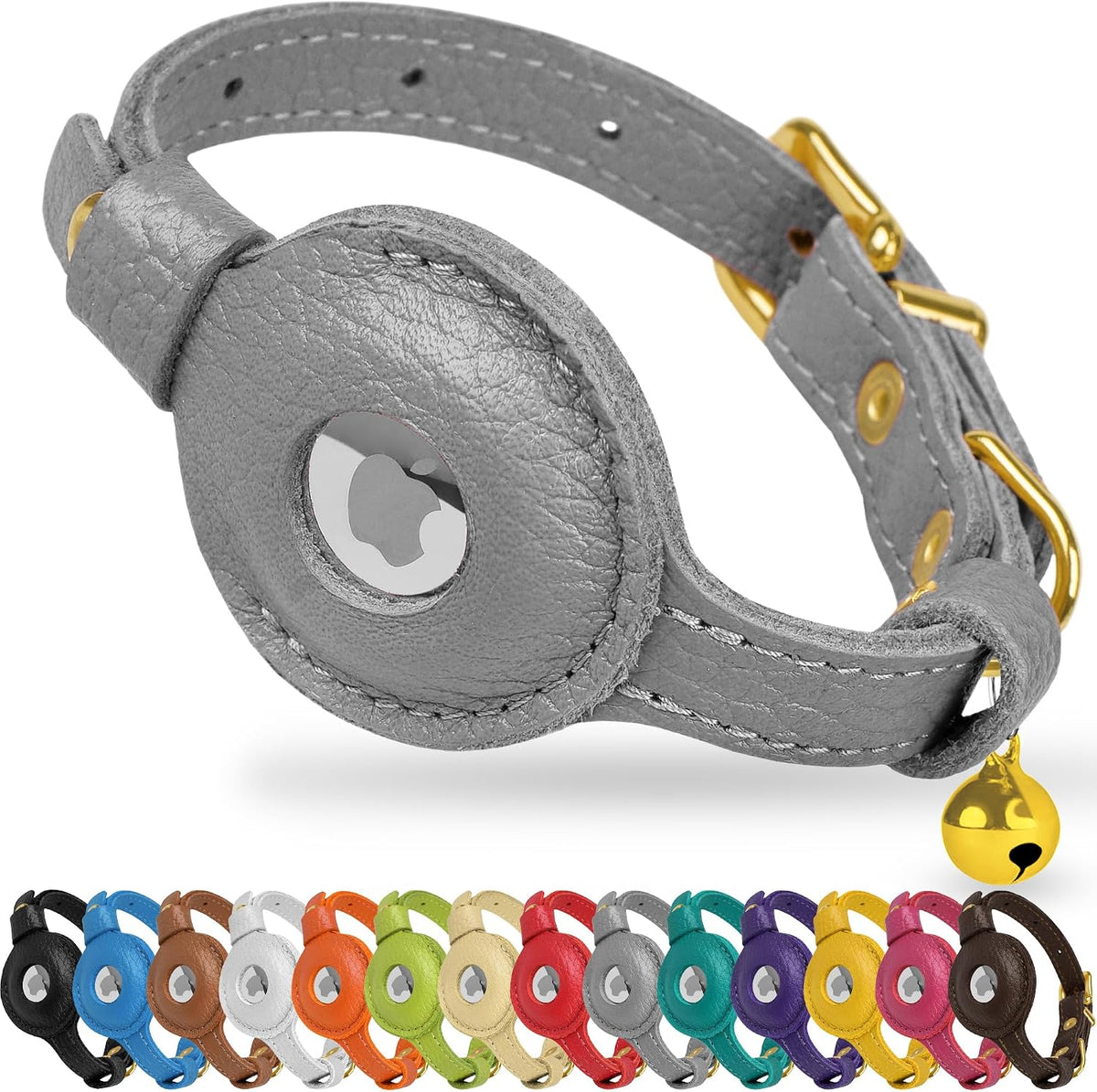 OOPSDOGGY Leather AirTag Cat Collar with Bell - Gray