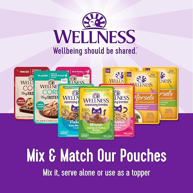 Wellness CORE Tiny Tasters Wet Cat Food, Complete & Balanced Natural Pet Food, Made with Real Meat, 1.75-Ounce Pouch, 12 Pack (Adult Cat, Tuna & Salmon Pate)