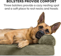 Furhaven Cooling Gel Dog Bed for Large/Medium Dogs w/ Removable Bolsters & Washable Cover, For Dogs Up to 55 lbs - Faux Fur & Velvet Sofa - Dark Sage, Large