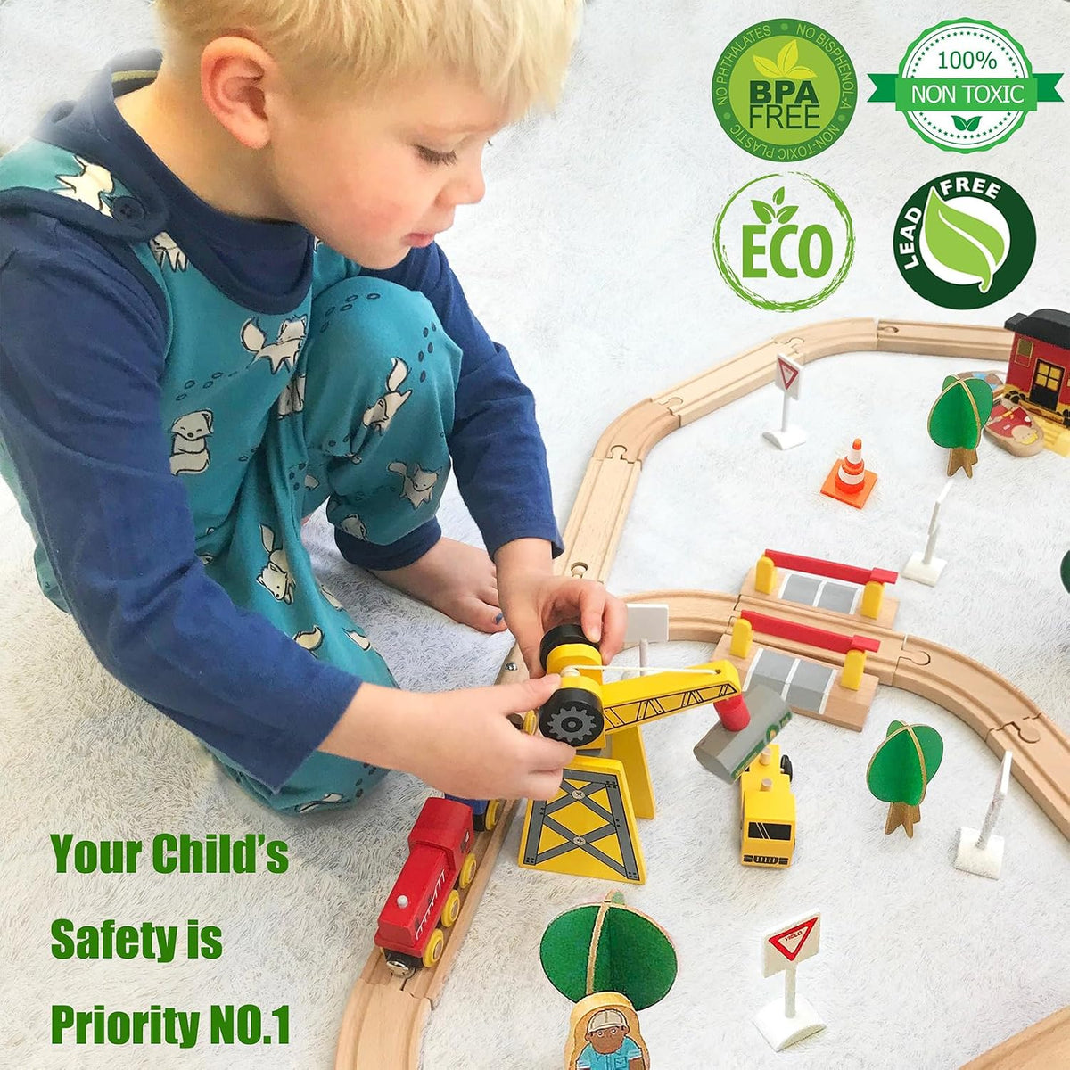 Tiny Land 110PCS Wooden Train Set, Toy Train with Tracks – Fun for Kids & Family - 55PCS - image 4