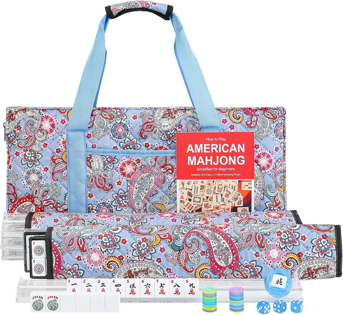 American Mahjong Game Set, 166 Quality White Tiles - Blue-red