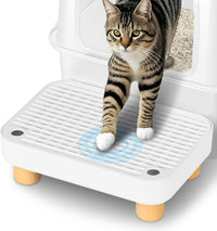 Litter Box Step, Litter Box Ramp/Catcher with Wooden Base - White