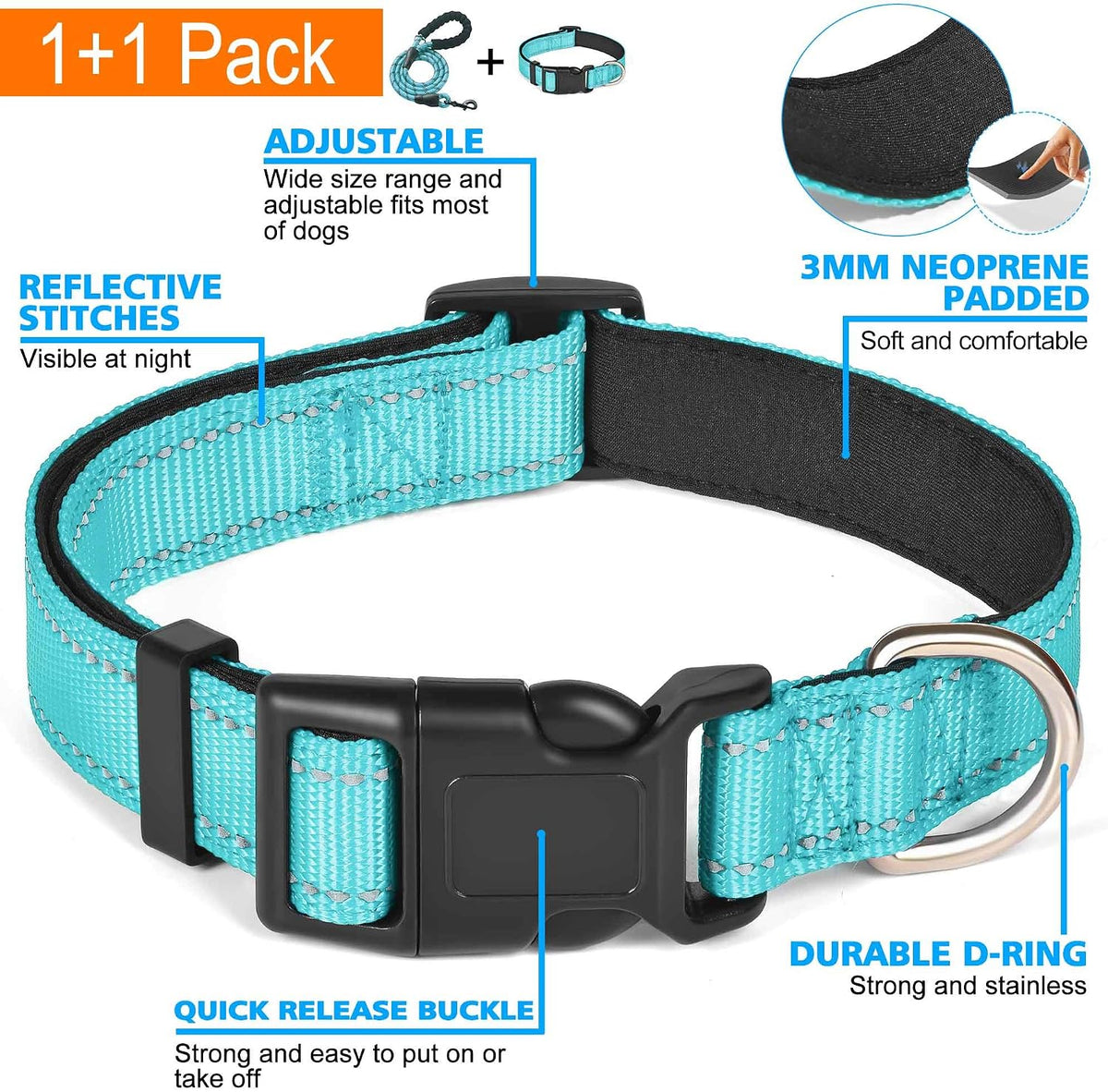 Ladoogo Reflective Dog Collar Padded with Soft Neoprene - Turquoise / Medium - image 3