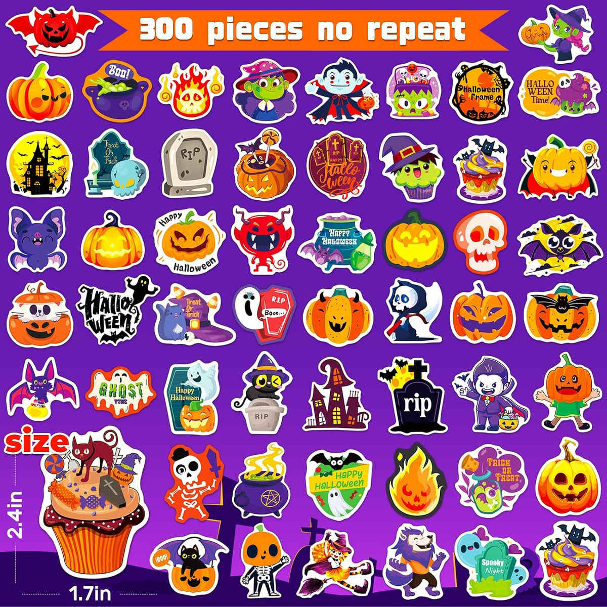 WAKEMOODEI 300 Halloween stickers for kids with pumpkins, ghosts, skulls, witches and bats - view 2