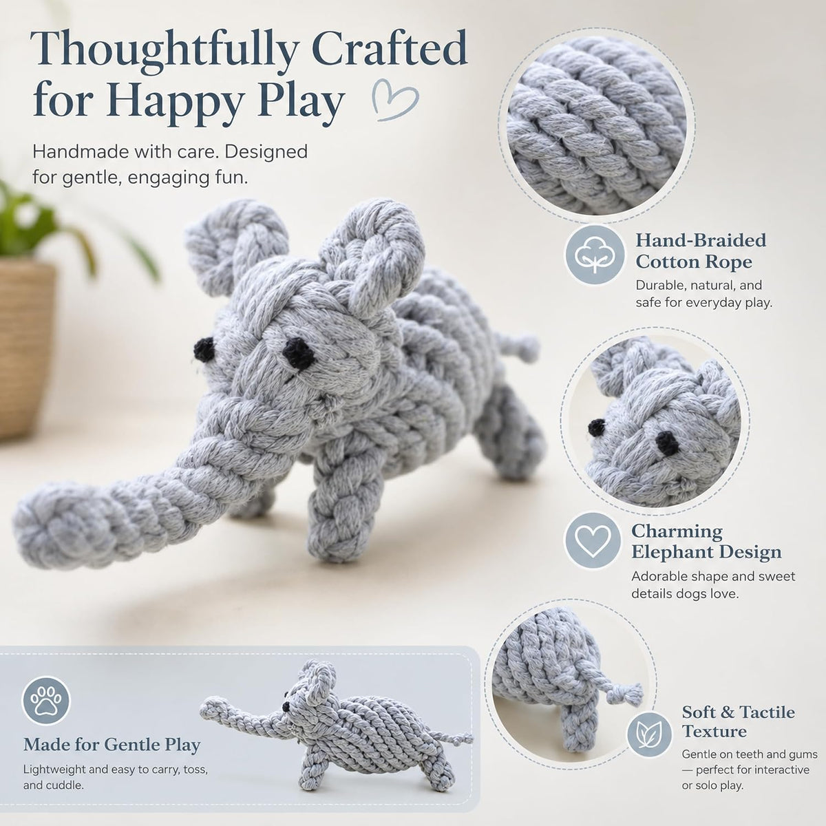 Dog Rope Toys, Puppy Teething Chew Toys for Small and Medium Dogs, 2 Pack – Essentials for Dogs - Grey Elephant - image 3