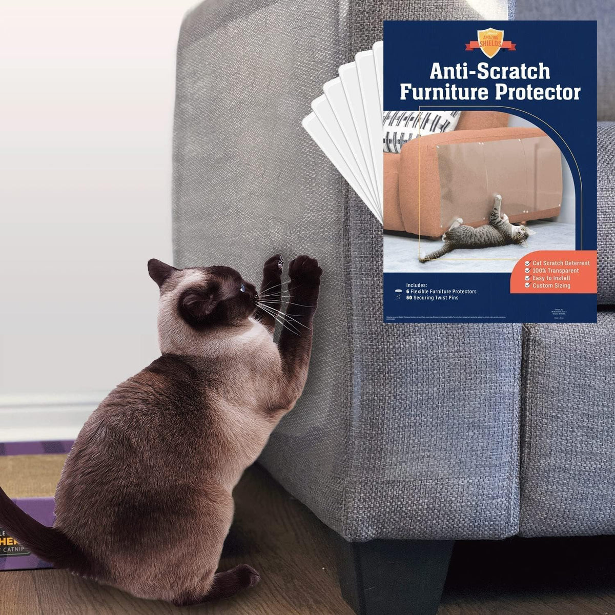 Cat Scratch Furniture Protector - 6 XL Shields + Twist Pins